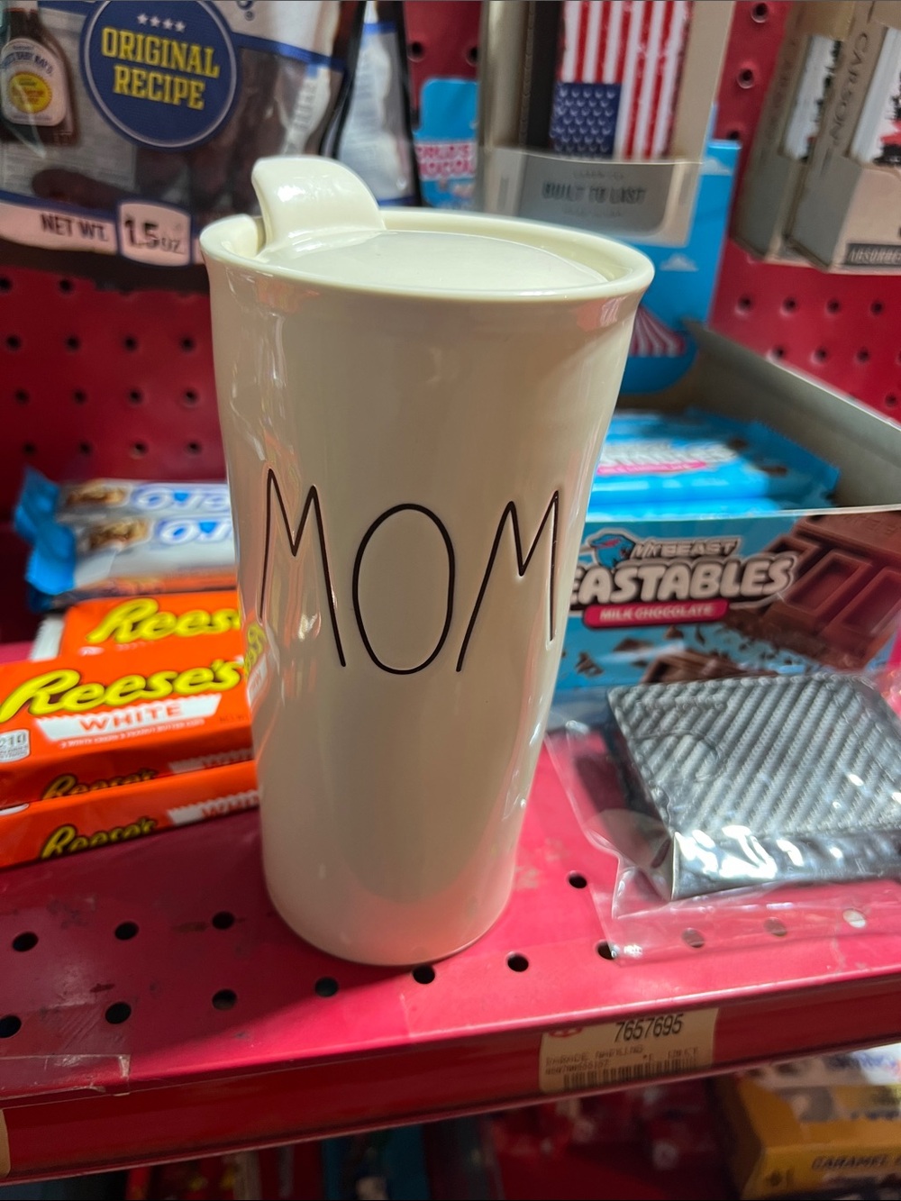 Rae Dunn MOM Ceramic Travel Mug in Cream with Black Lettering